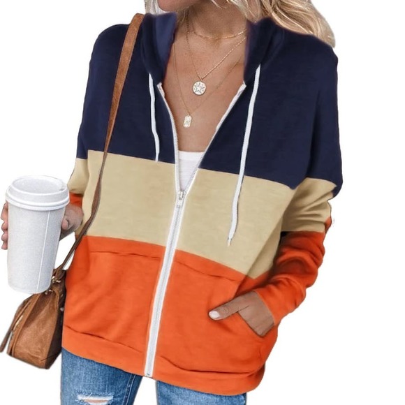 Style Cove Tops - BLUE TAN ORANGE COLOR BLOCK FULL ZIP DRAWSTRING HOODIE SIZE 2XL 18-20